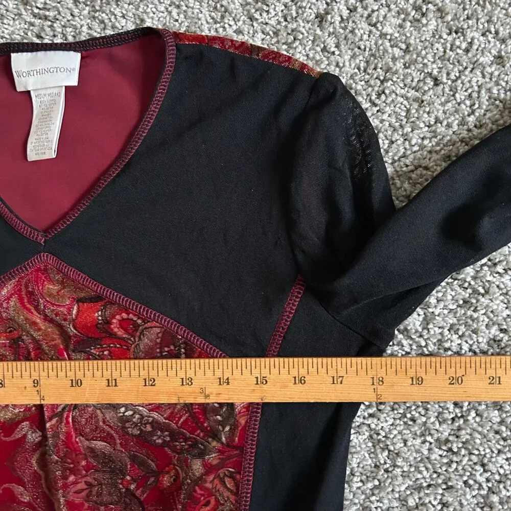 Worthington Womens Y2K Medium Floral Velvet & Black Long Sleeve V-Neck Top - Picture 8 of 11